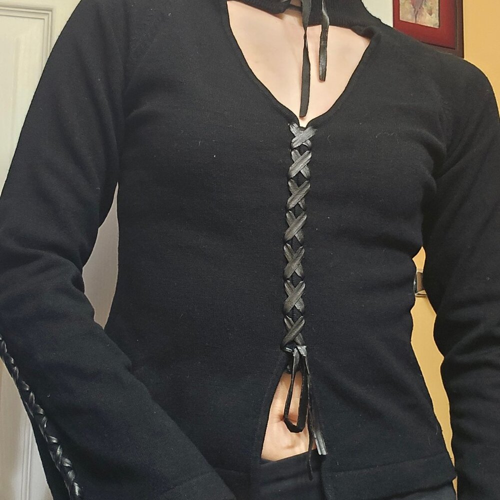 Vintage Black Cut out lace up Turtleneck